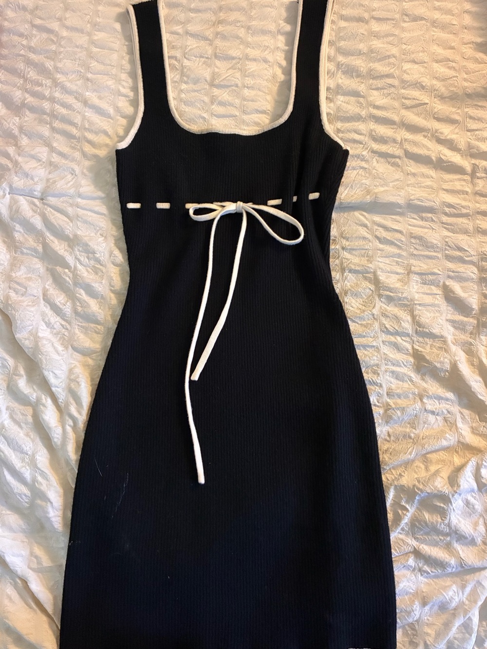 vestique Black Ribbed Tank Mini Dress with White Trim and Tie
